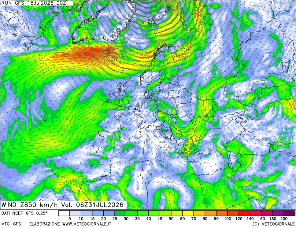 mappa 850 hPa Vento forza e direzione