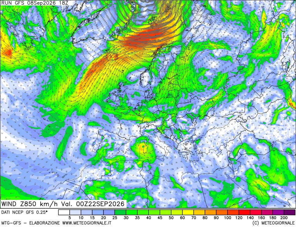 mappa 850 hPa Vento forza e direzione
