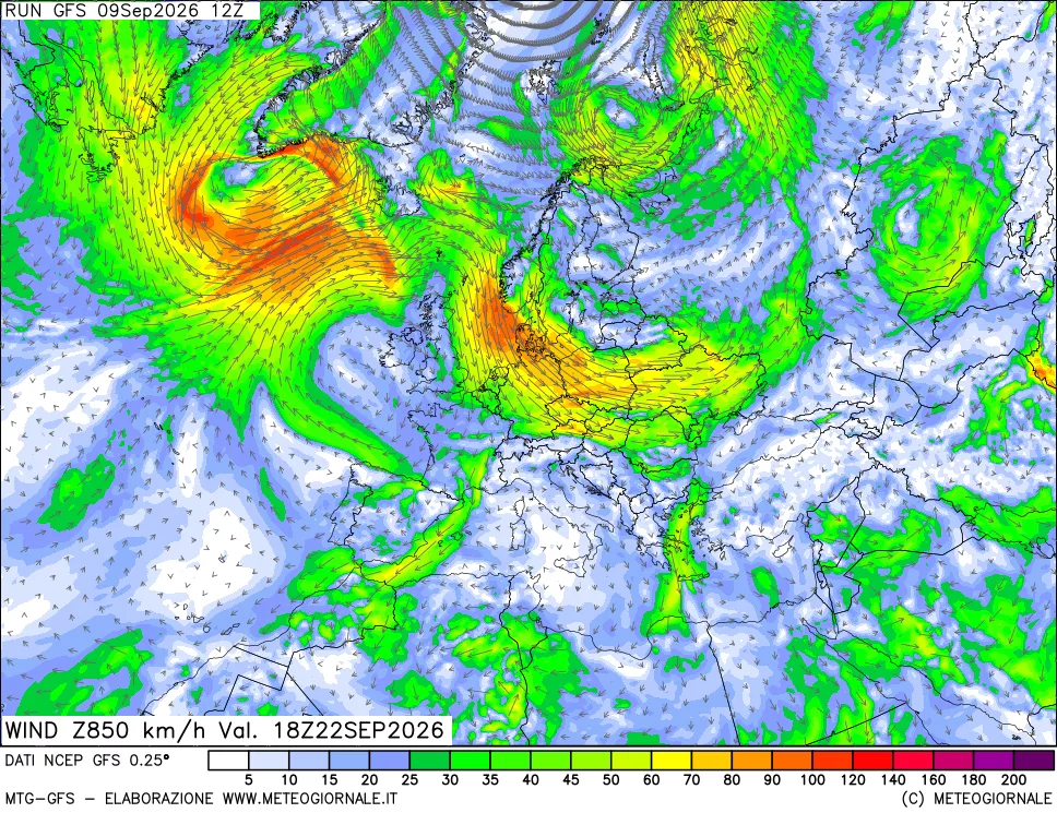 mappa 850 hPa Vento forza e direzione