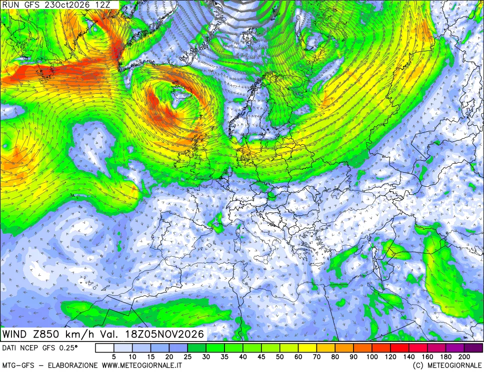 mappa 850 hPa Vento forza e direzione