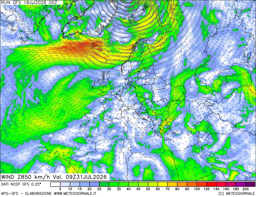 mappa 850 hPa Vento forza e direzione