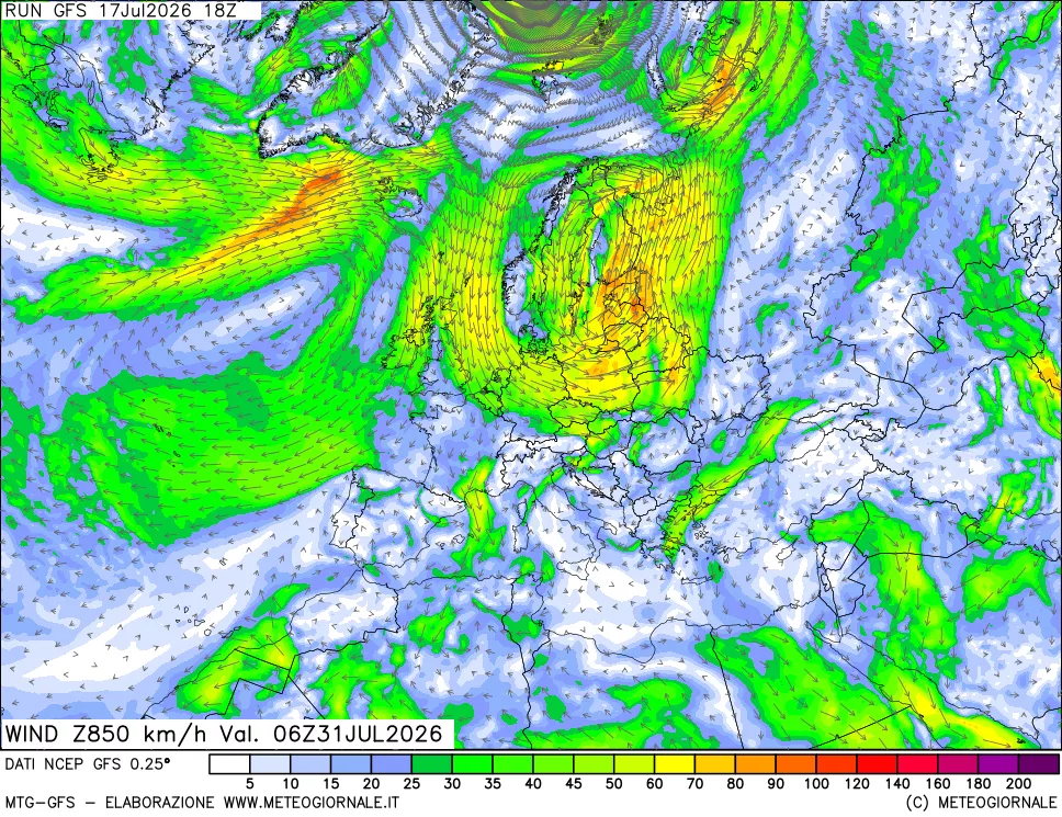 mappa 850 hPa Vento forza e direzione