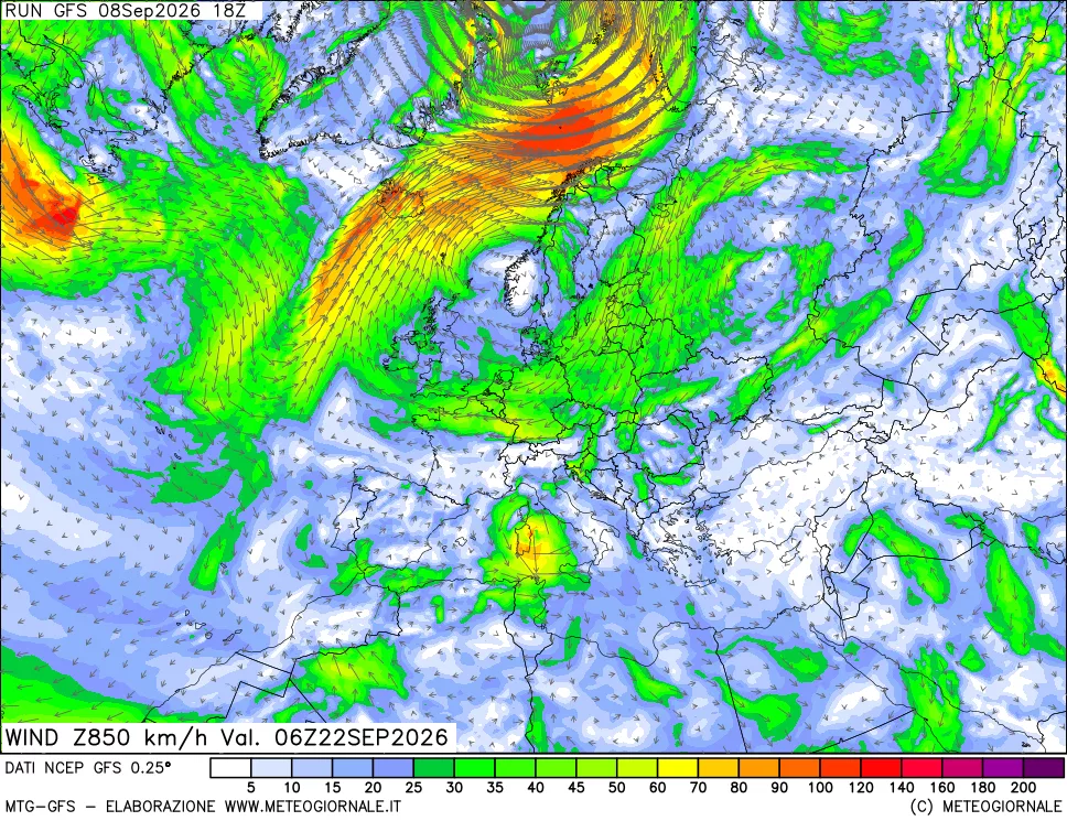 mappa 850 hPa Vento forza e direzione