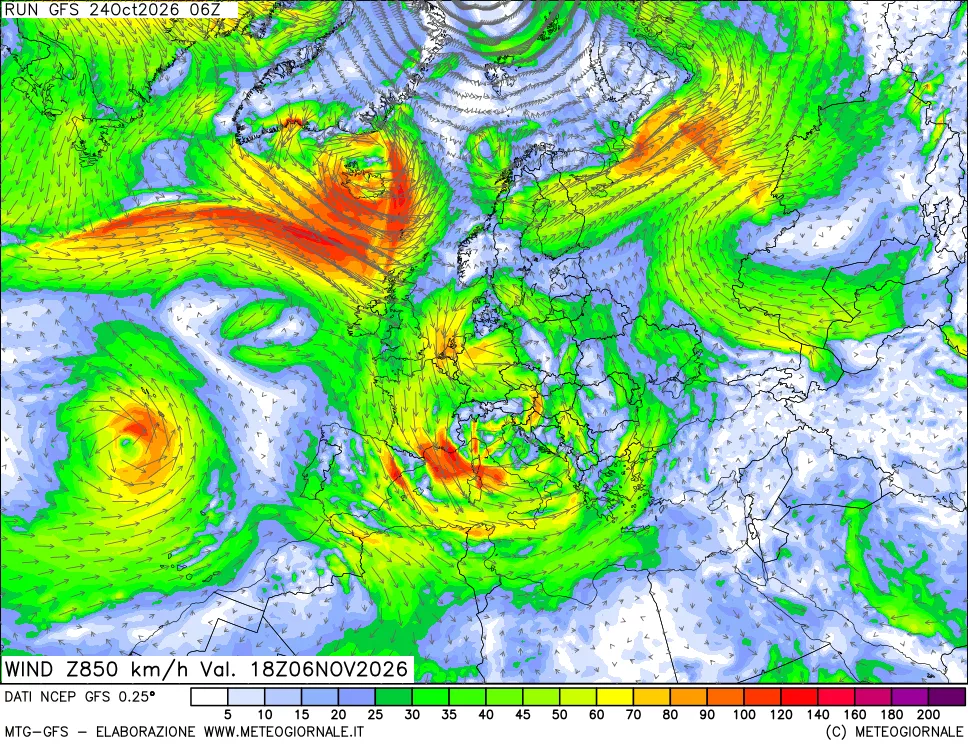 mappa 850 hPa Vento forza e direzione