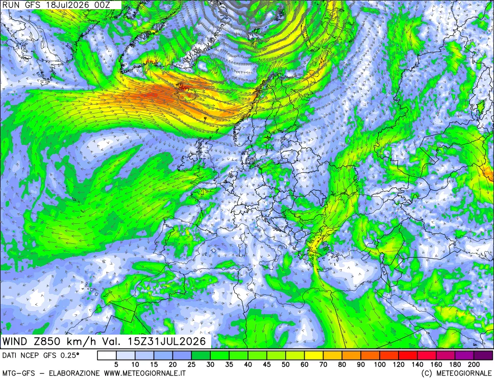 mappa 850 hPa Vento forza e direzione