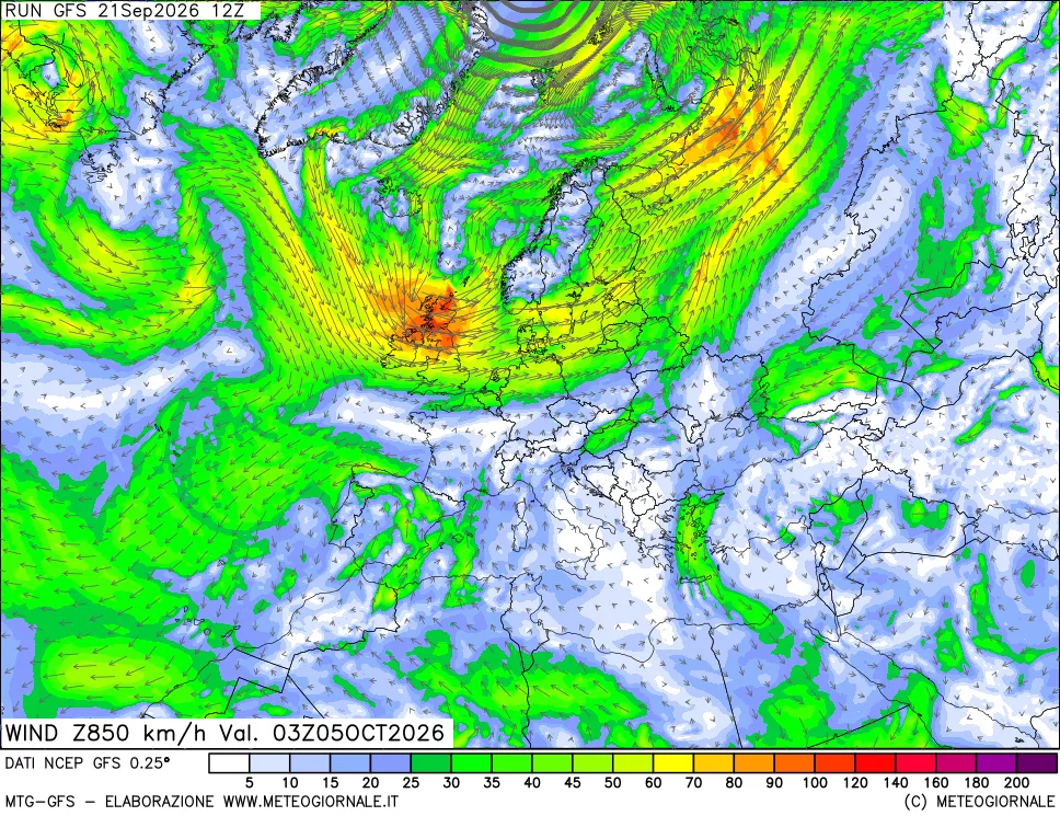mappa 850 hPa Vento forza e direzione