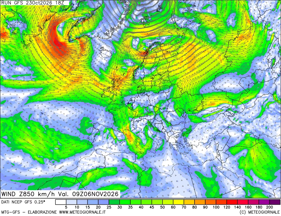 mappa 850 hPa Vento forza e direzione