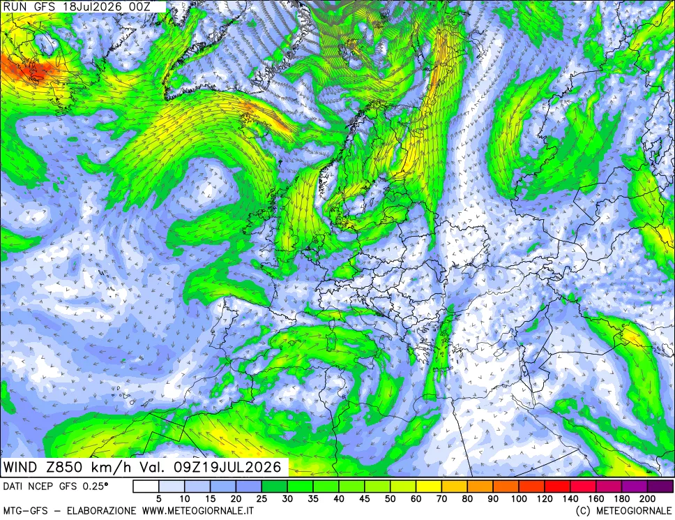 mappa 850 hPa Vento forza e direzione