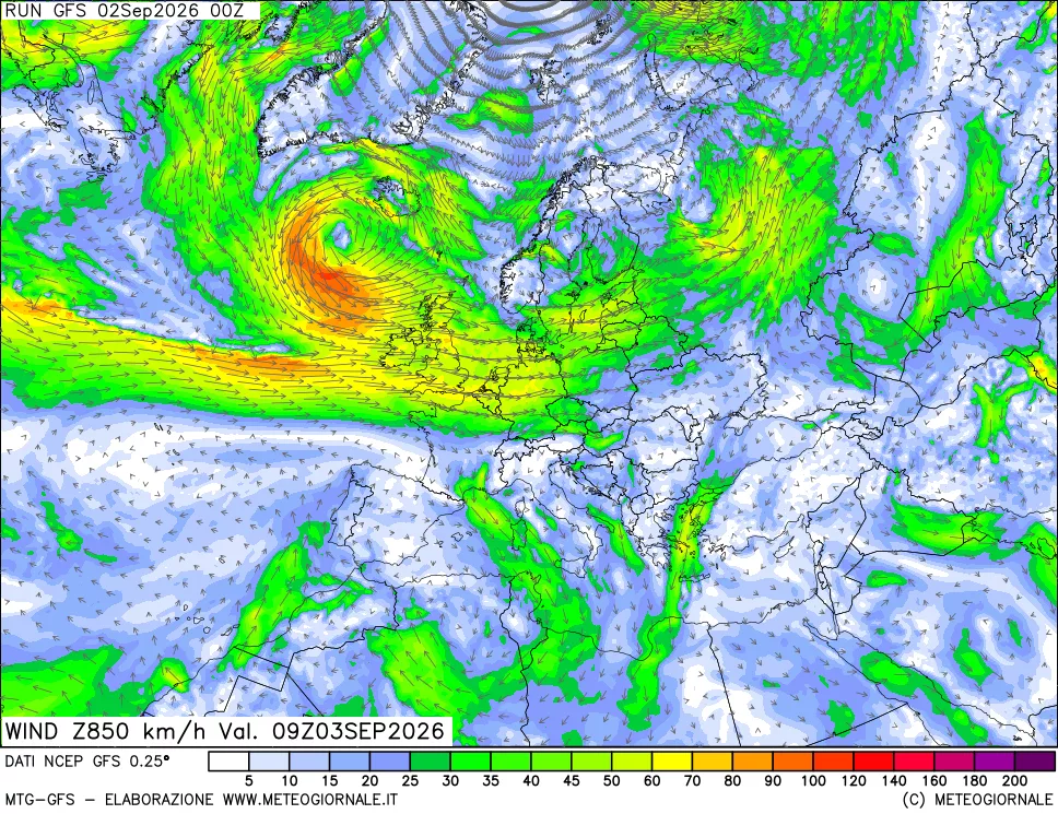 mappa 850 hPa Vento forza e direzione
