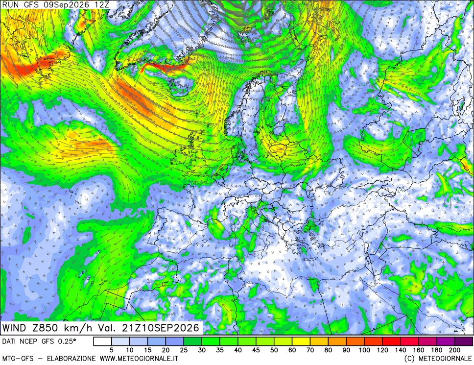 mappa 850 hPa Vento forza e direzione