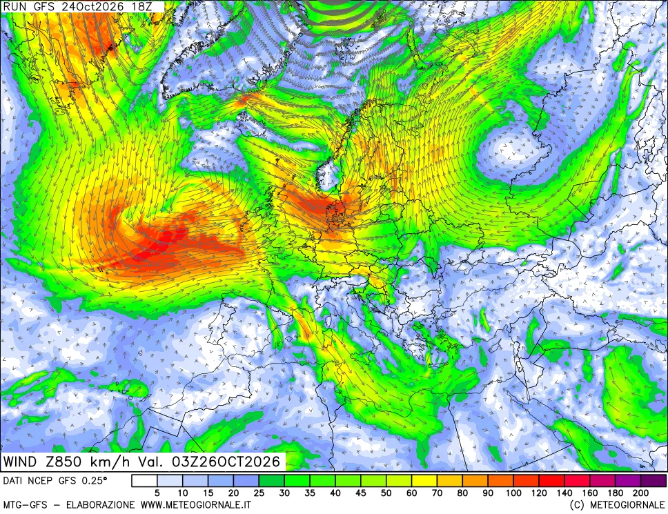 mappa 850 hPa Vento forza e direzione