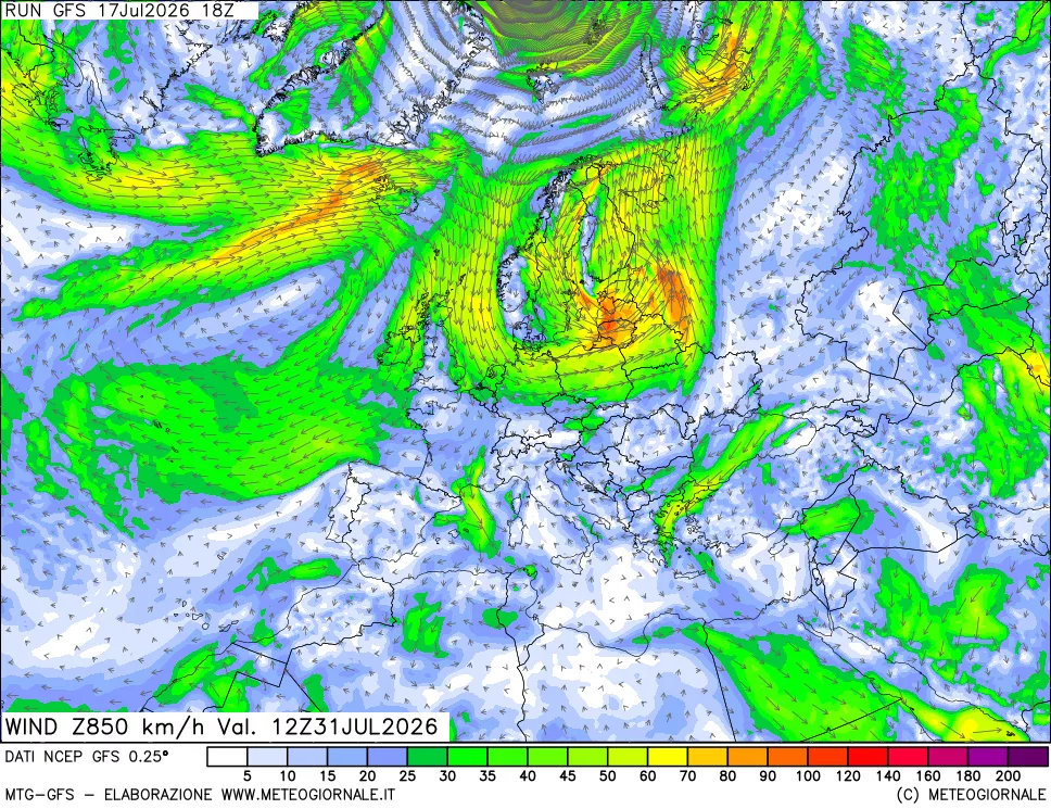 mappa 850 hPa Vento forza e direzione