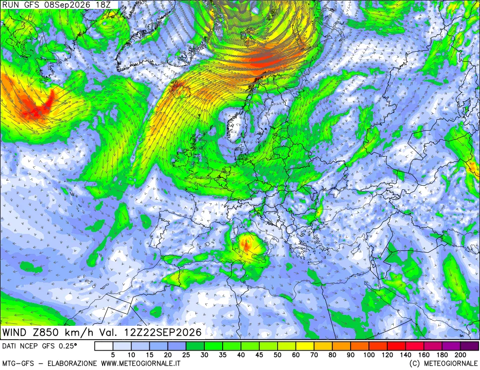 mappa 850 hPa Vento forza e direzione