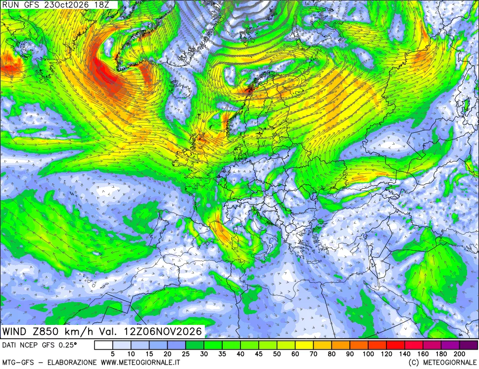 mappa 850 hPa Vento forza e direzione