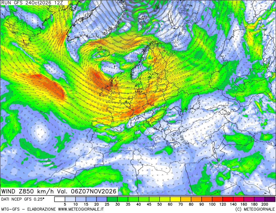 mappa 850 hPa Vento forza e direzione