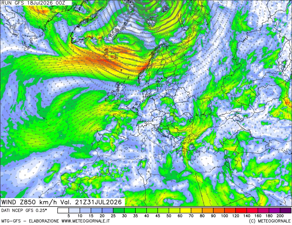 mappa 850 hPa Vento forza e direzione