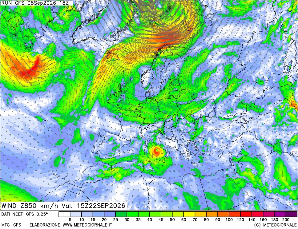 mappa 850 hPa Vento forza e direzione