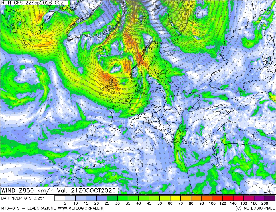 mappa 850 hPa Vento forza e direzione
