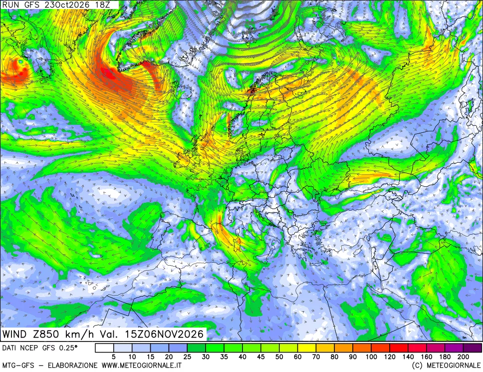 mappa 850 hPa Vento forza e direzione