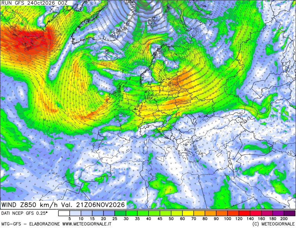 mappa 850 hPa Vento forza e direzione