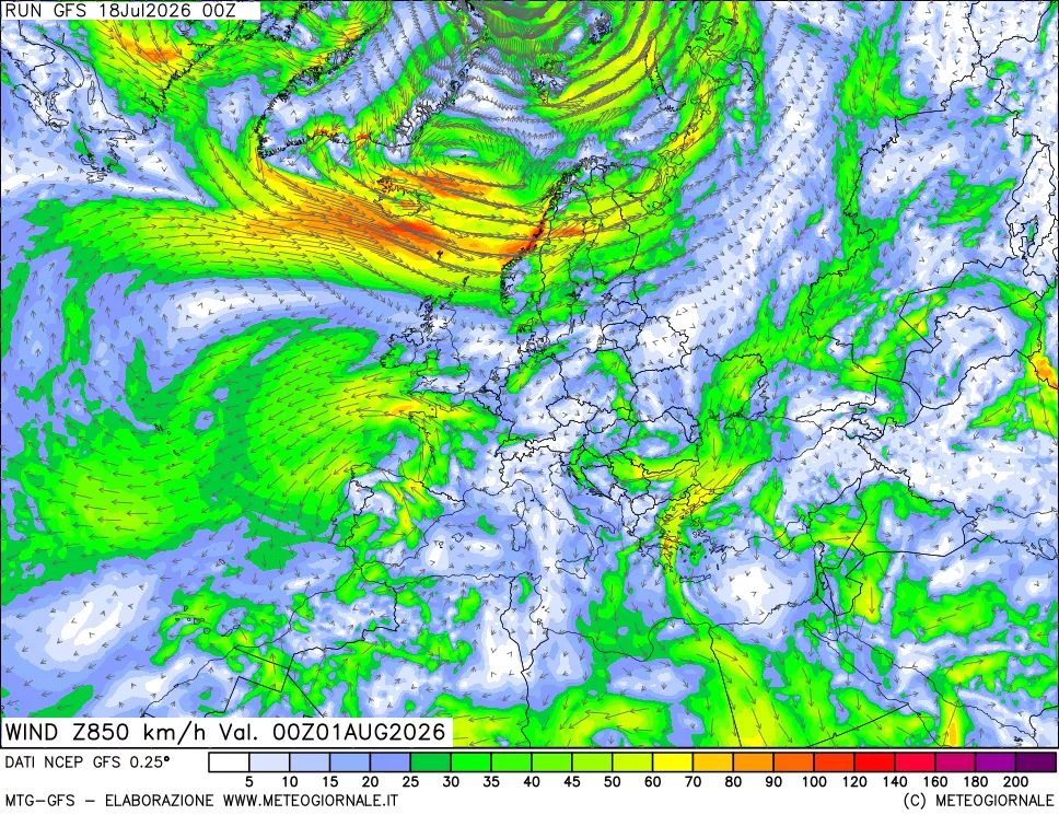 mappa 850 hPa Vento forza e direzione