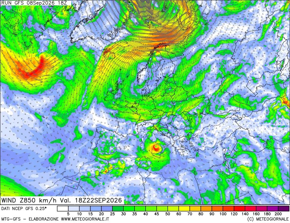 mappa 850 hPa Vento forza e direzione