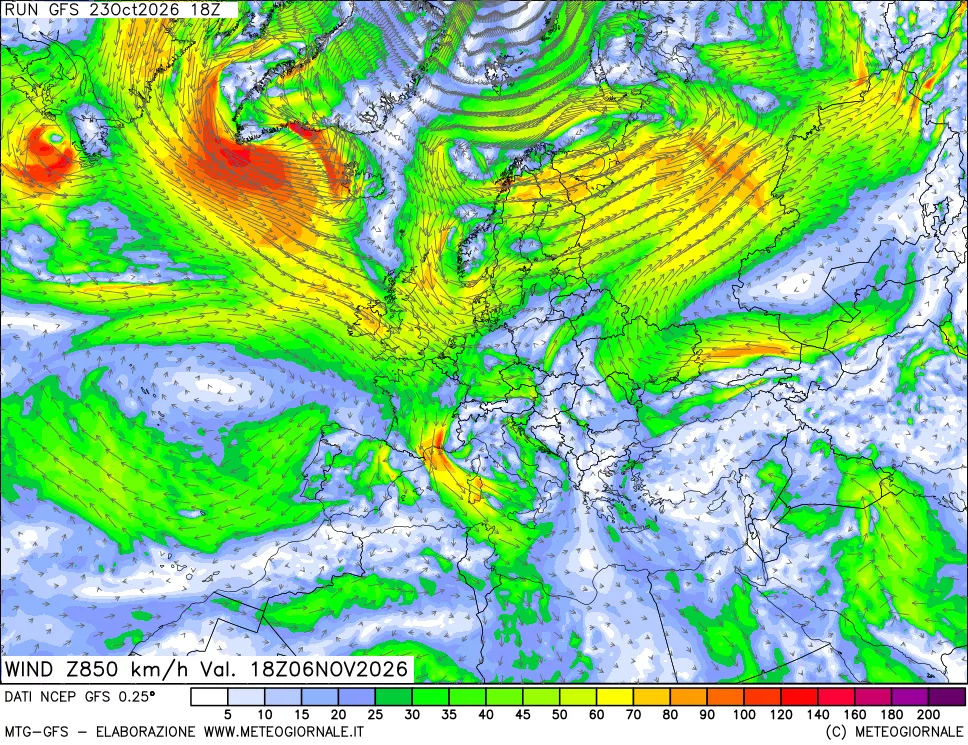 mappa 850 hPa Vento forza e direzione