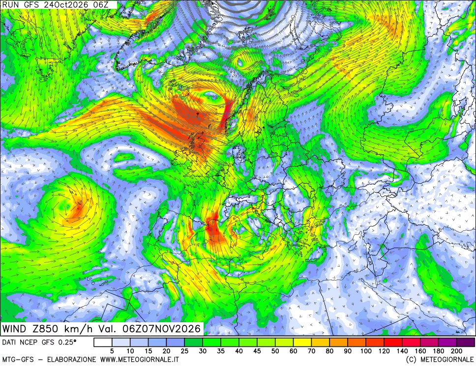 mappa 850 hPa Vento forza e direzione