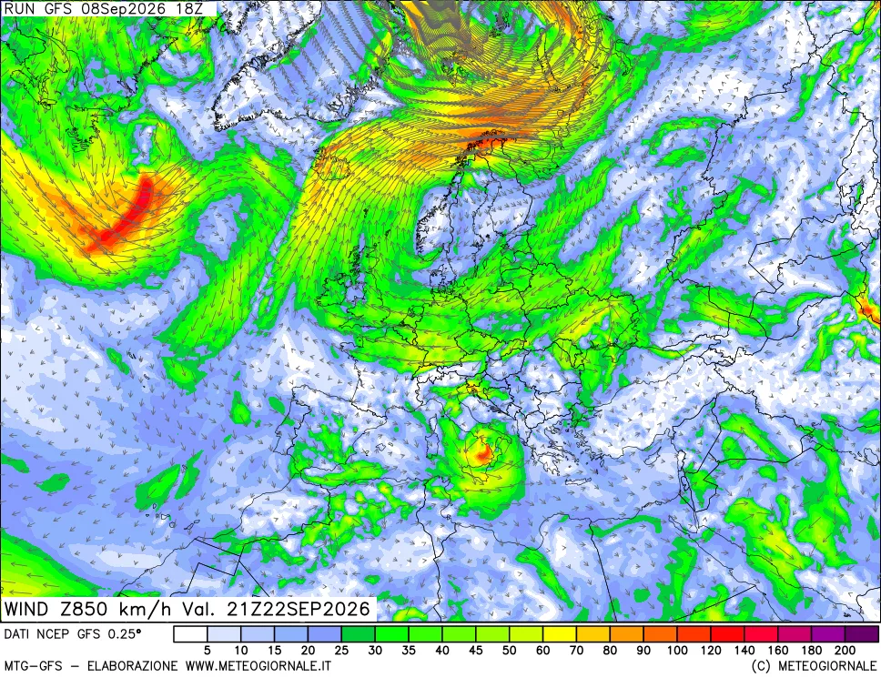 mappa 850 hPa Vento forza e direzione