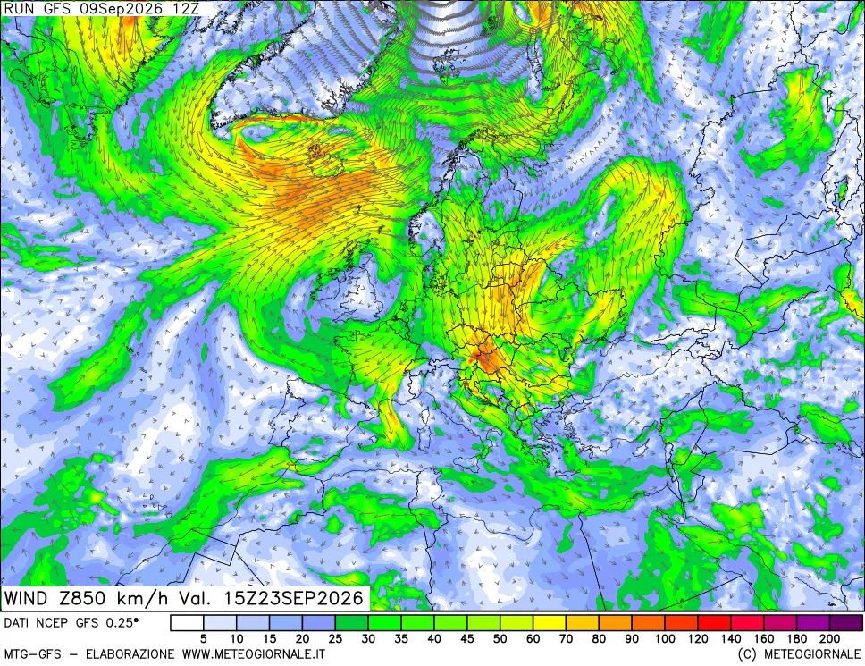 mappa 850 hPa Vento forza e direzione