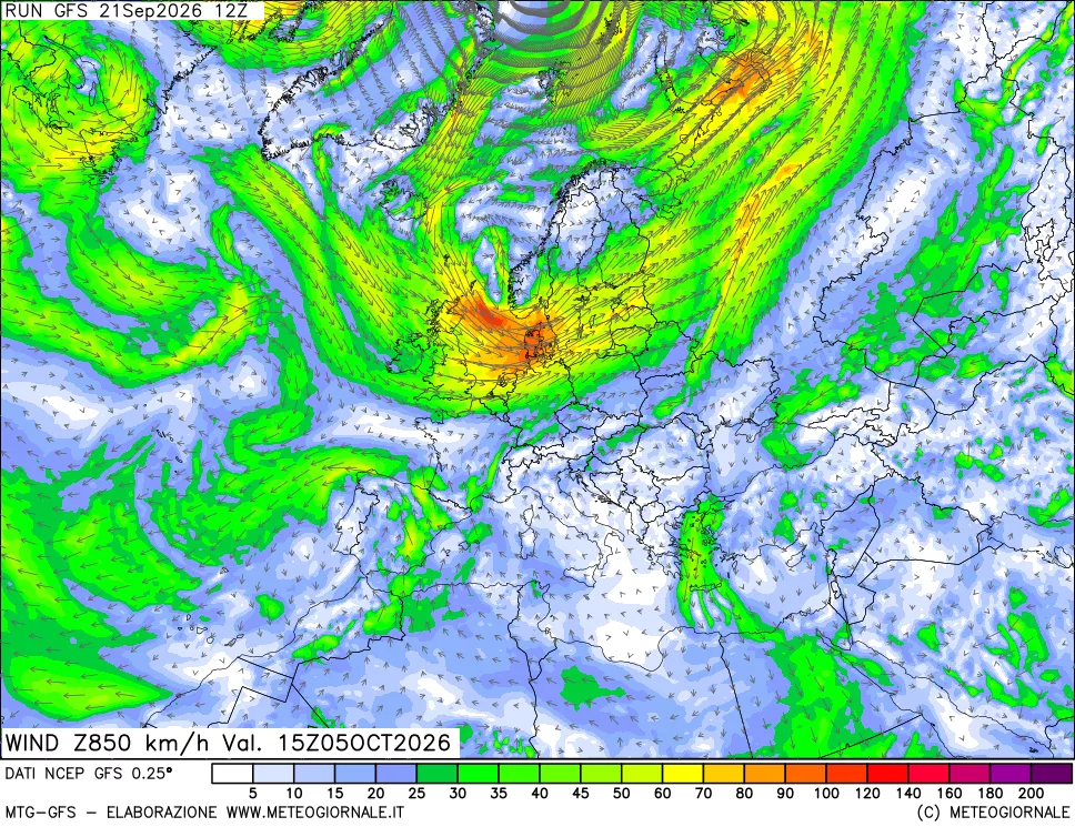 mappa 850 hPa Vento forza e direzione