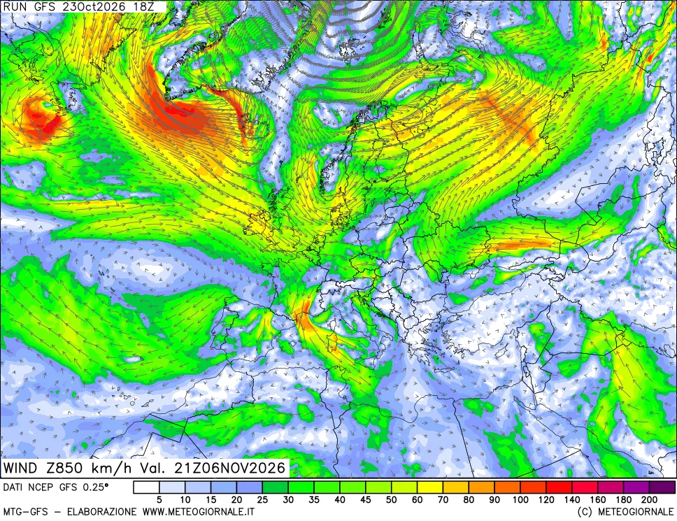 mappa 850 hPa Vento forza e direzione