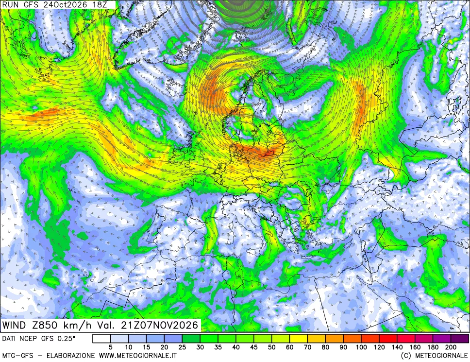 mappa 850 hPa Vento forza e direzione