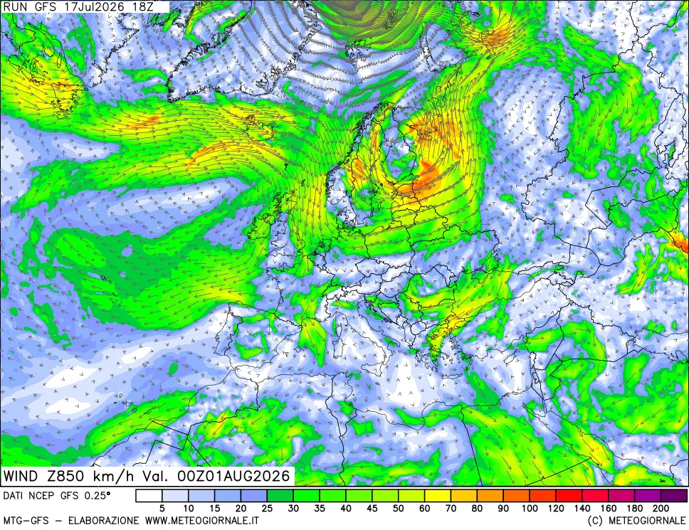 mappa 850 hPa Vento forza e direzione
