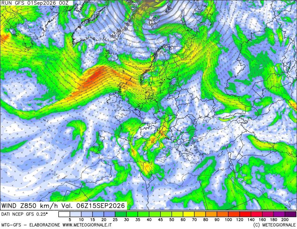 mappa 850 hPa Vento forza e direzione