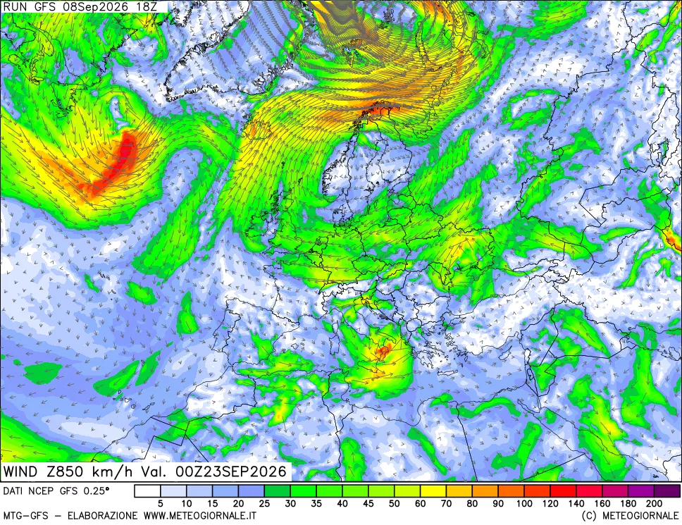 mappa 850 hPa Vento forza e direzione