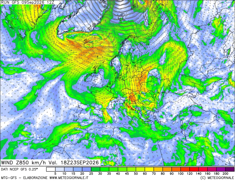 mappa 850 hPa Vento forza e direzione