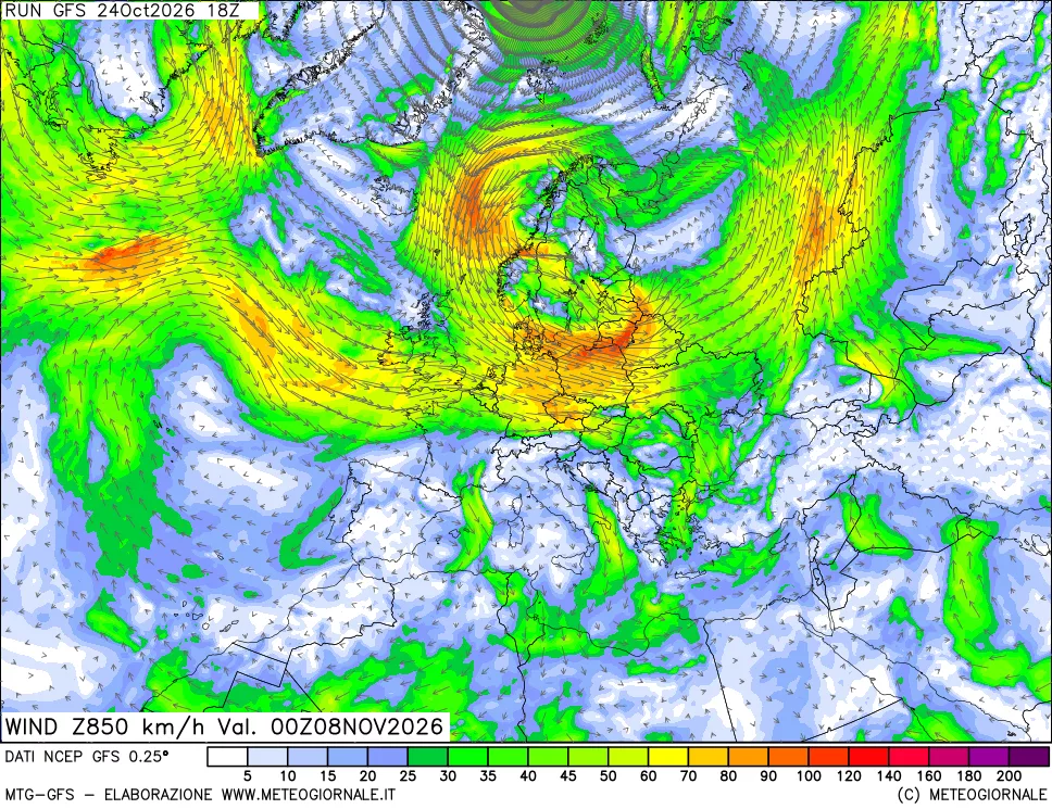 mappa 850 hPa Vento forza e direzione