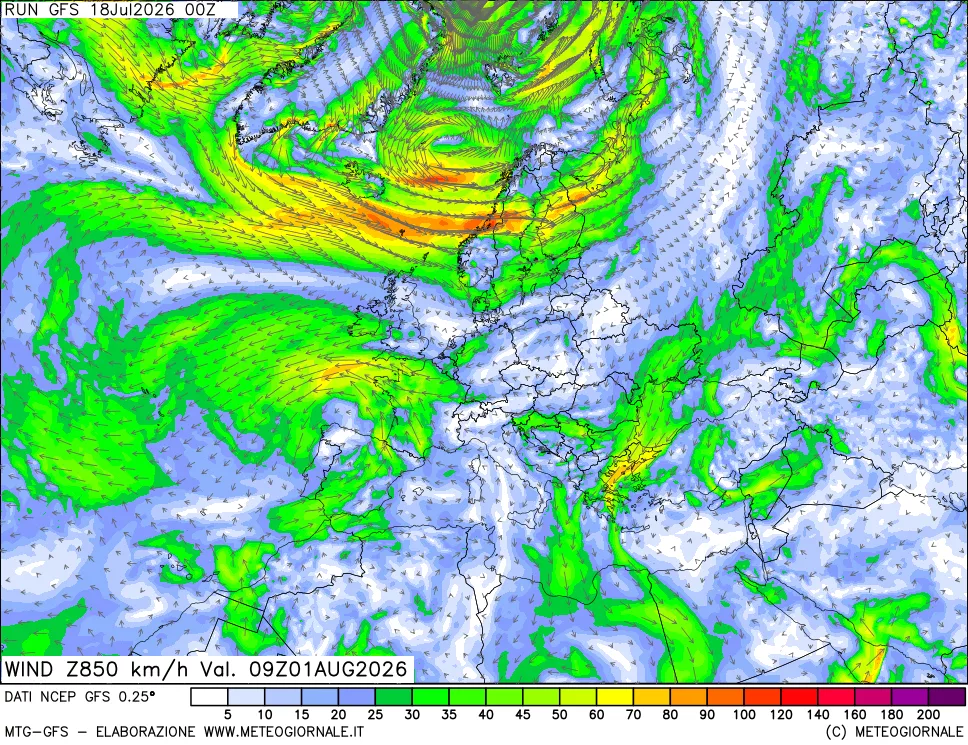 mappa 850 hPa Vento forza e direzione