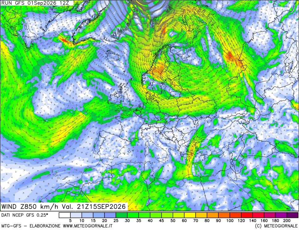 mappa 850 hPa Vento forza e direzione