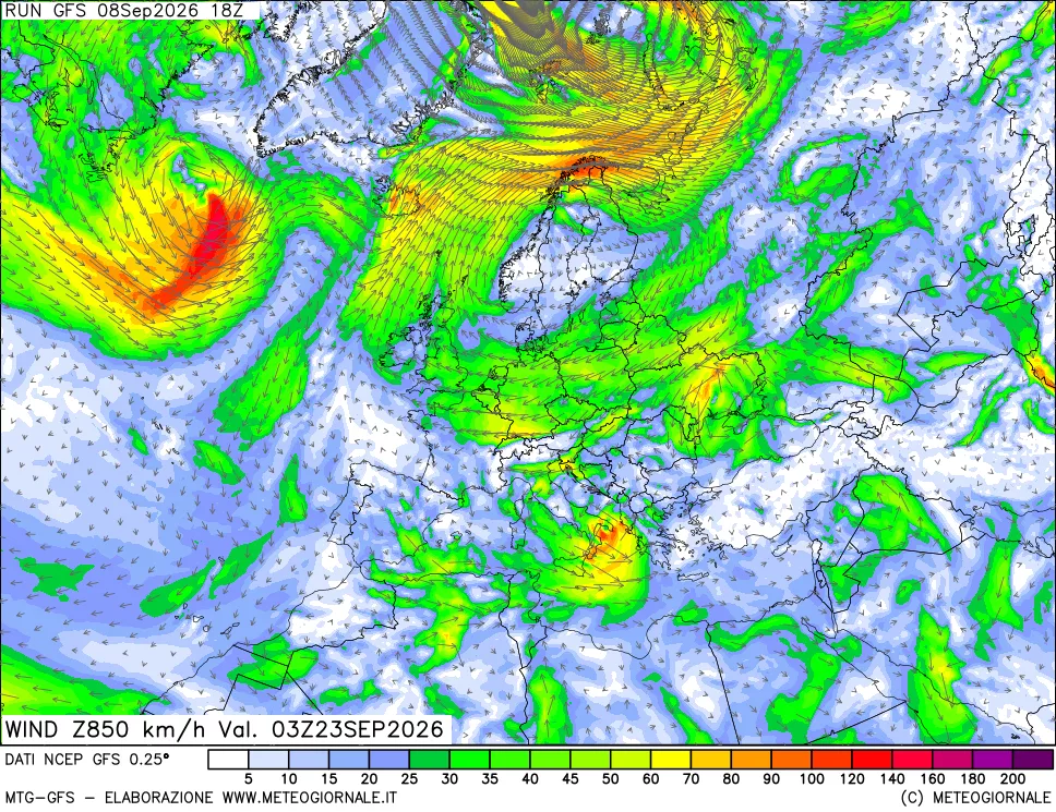 mappa 850 hPa Vento forza e direzione