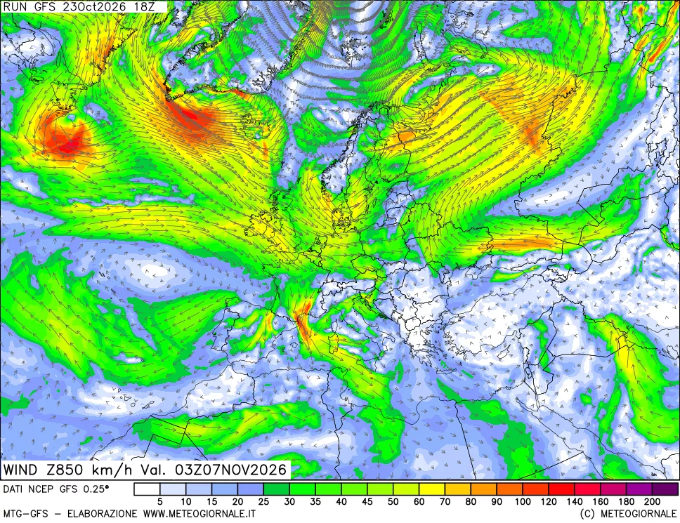 mappa 850 hPa Vento forza e direzione