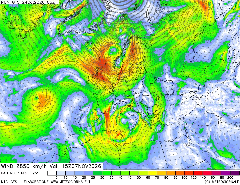 mappa 850 hPa Vento forza e direzione