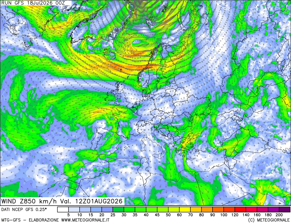 mappa 850 hPa Vento forza e direzione