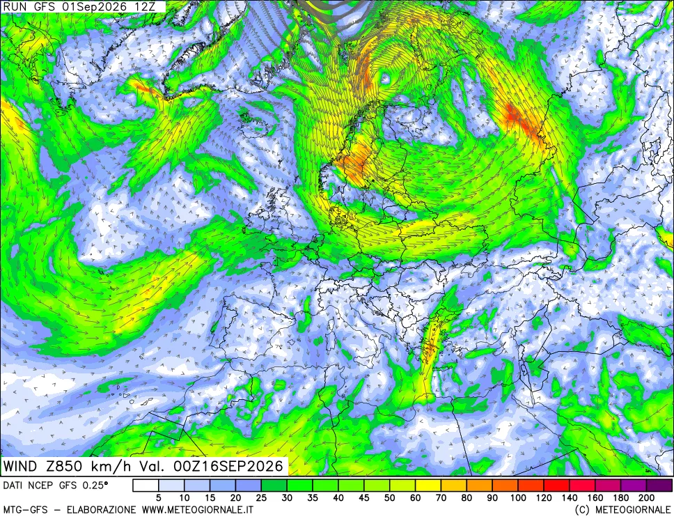 mappa 850 hPa Vento forza e direzione