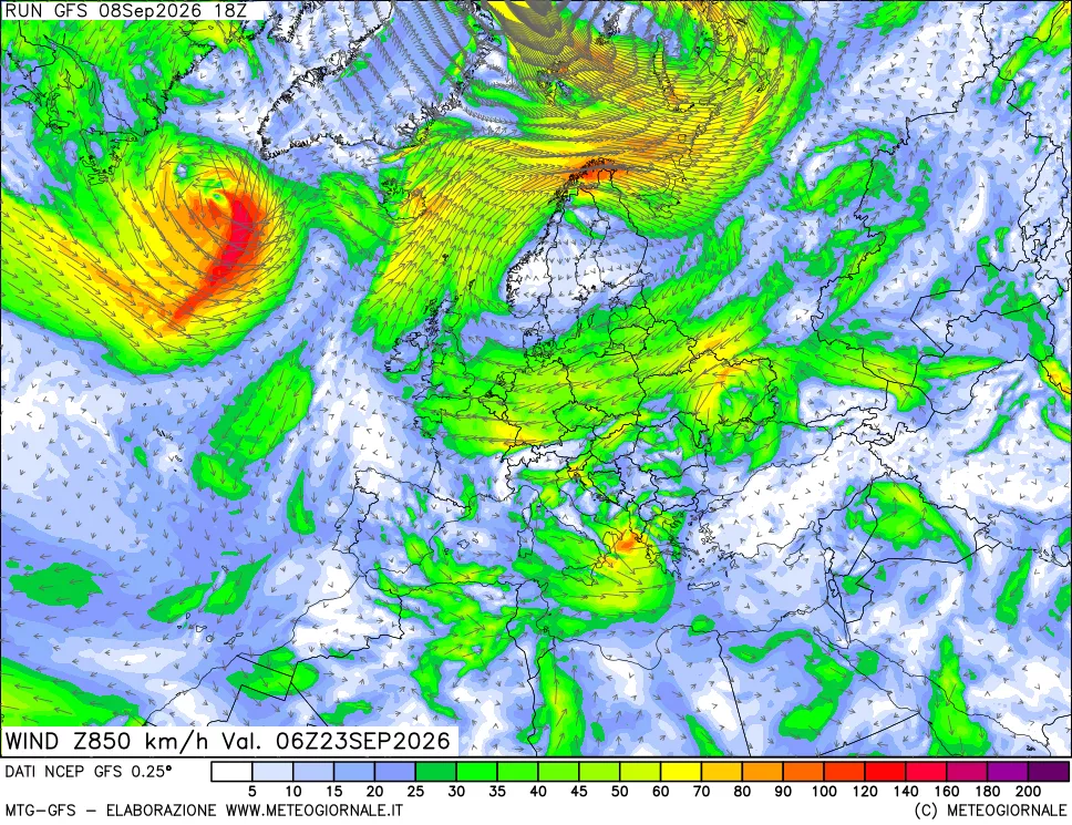 mappa 850 hPa Vento forza e direzione