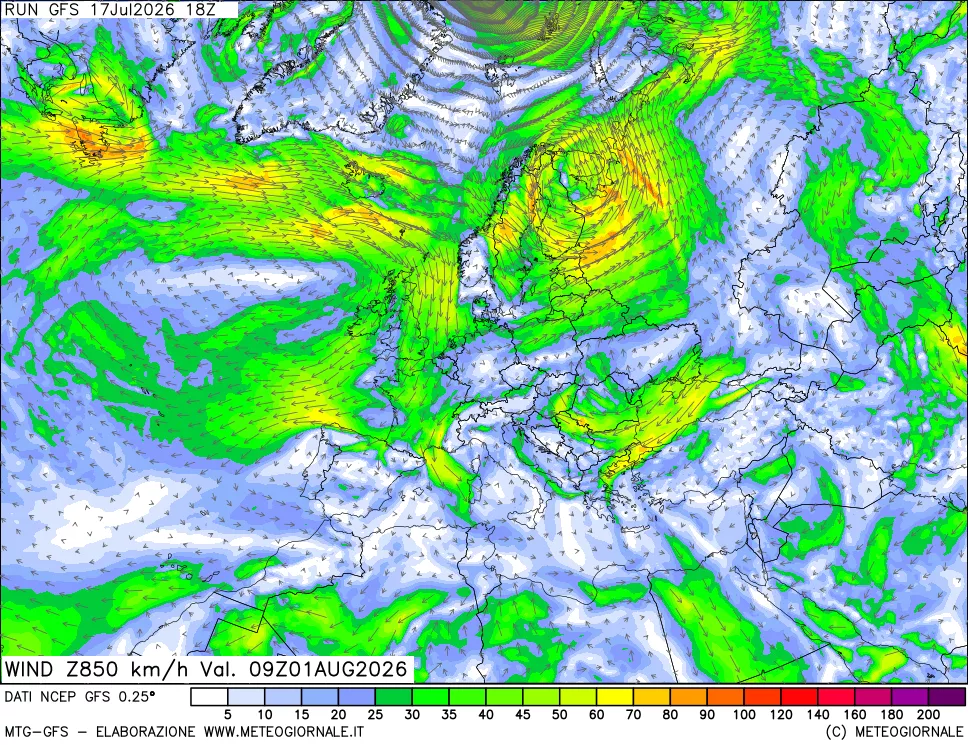 mappa 850 hPa Vento forza e direzione