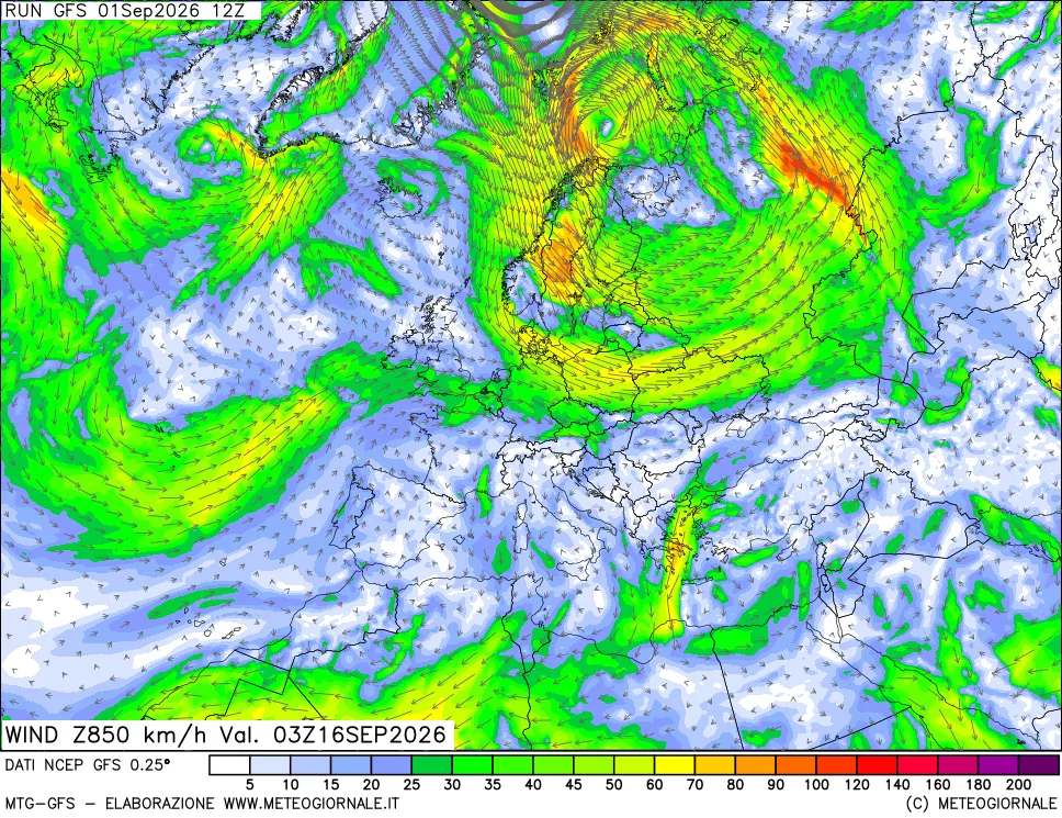 mappa 850 hPa Vento forza e direzione