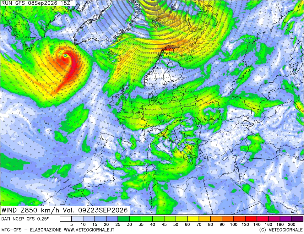 mappa 850 hPa Vento forza e direzione