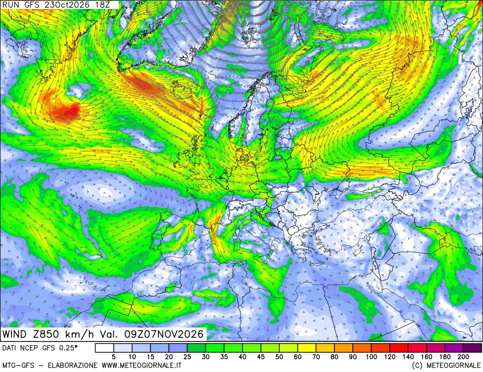 mappa 850 hPa Vento forza e direzione